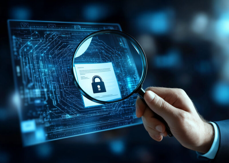 Magnifying glass highlighting a digital padlock on a glowing blue circuit board, symbolizing cybersecurity analysis and threat intelligence.