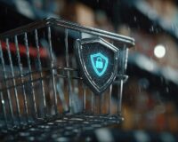Shopping cart with digital cybersecurity shield icon, symbolizing retail data protection and ransomware defense