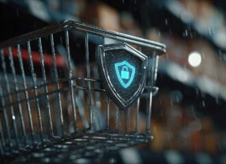 Shopping cart with digital cybersecurity shield icon, symbolizing retail data protection and ransomware defense