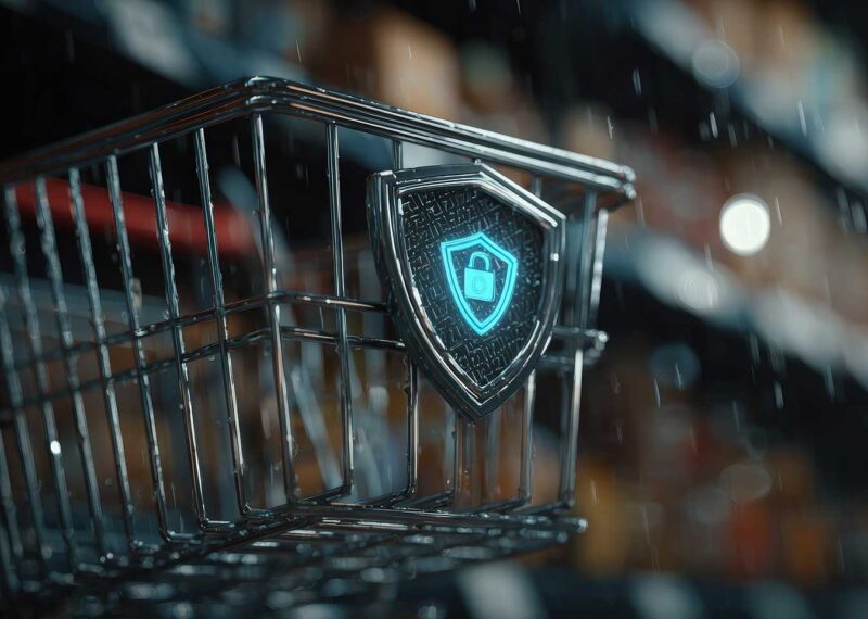 Shopping cart with digital cybersecurity shield icon, symbolizing retail data protection and ransomware defense