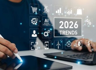 Business professional analyzing 2026 convenience retail trends with AI and digital technology icons