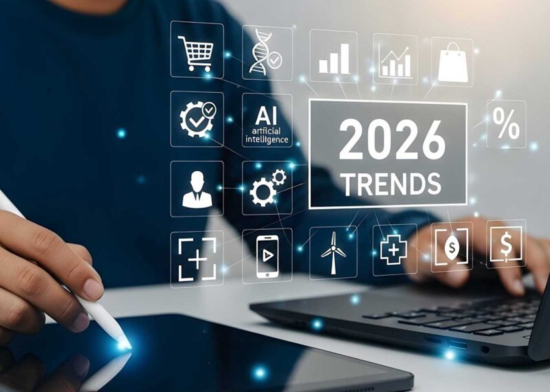 Business professional analyzing 2026 convenience retail trends with AI and digital technology icons