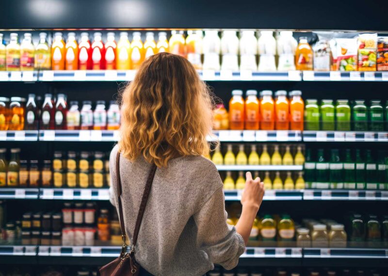 A shopper selecting beverages from a refrigerated display in a convenience store
