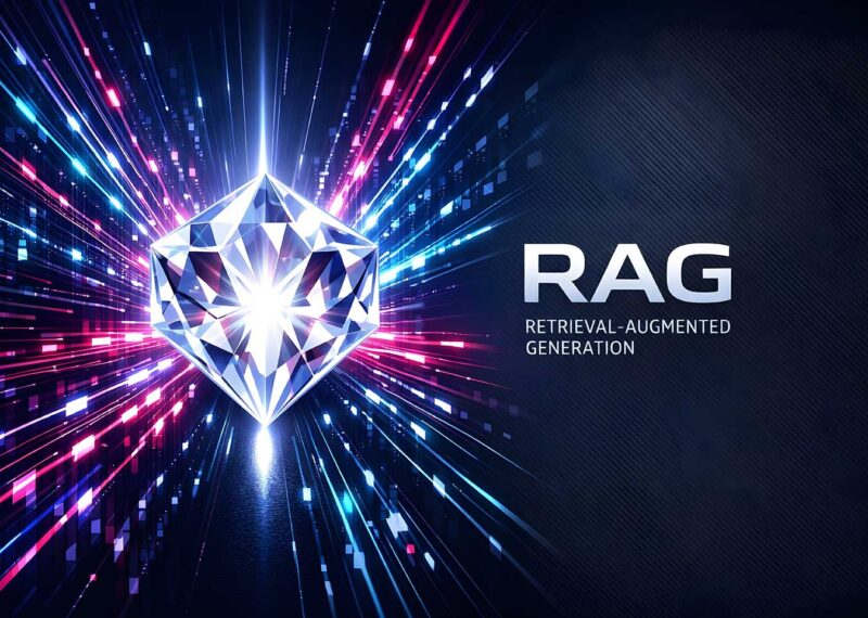 RAG Retrieval-Augmented Generation system with data streams converging to central AI architecture