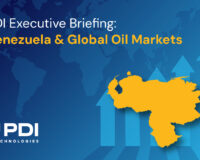 Graphic for PDI Executive Briefing on Venezuela and global oil markets, featuring a map of Venezuela and upward market arrows.