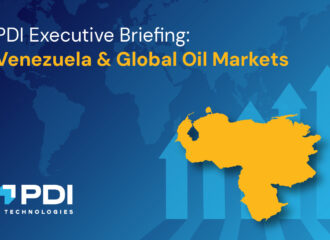 Graphic for PDI Executive Briefing on Venezuela and global oil markets, featuring a map of Venezuela and upward market arrows.