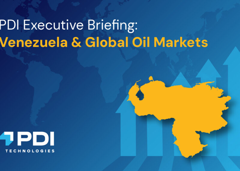 Graphic for PDI Executive Briefing on Venezuela and global oil markets, featuring a map of Venezuela and upward market arrows.
