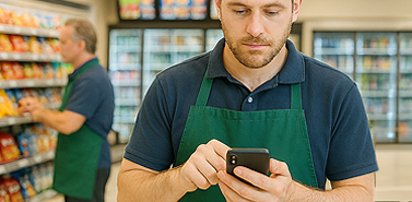 Store employee in an apron using a smartphone in a convenience store aisle while another worker stocks shelves in the background.