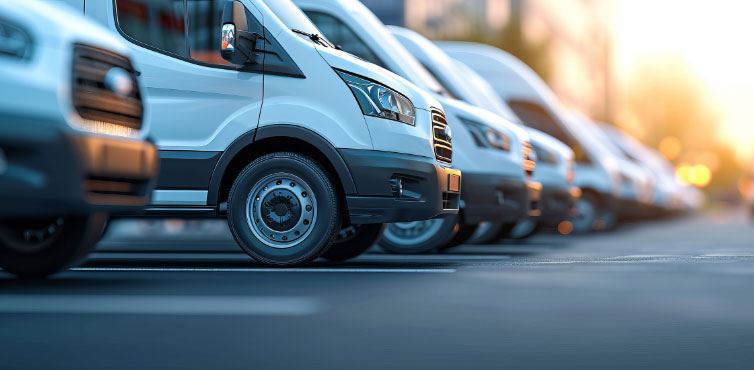 Row of commercial fleet vans representing vehicle tracking and fuel management