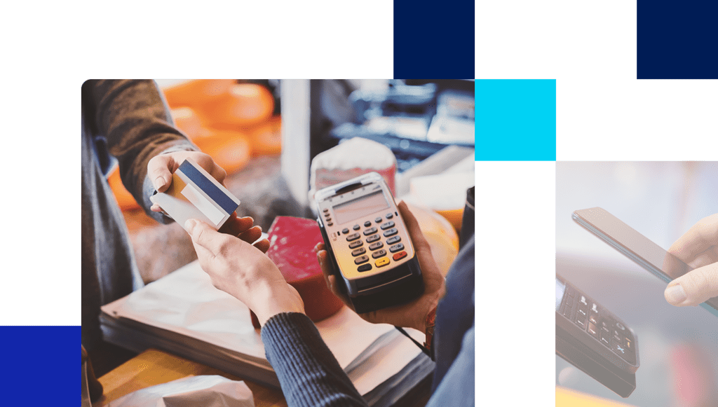 Images of customer handing cashier credit card holding merchant terminal and touchless payment