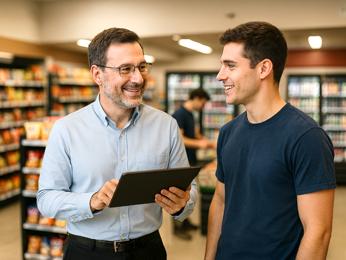 Store manager and employee reviewing information on a tablet inside a convenience store aisle, with shelves of products in the background.