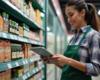 The young female staff member smiles as she uses a tablet to manage stock. She stands in front of shelves filled with various beverages in a convenience store