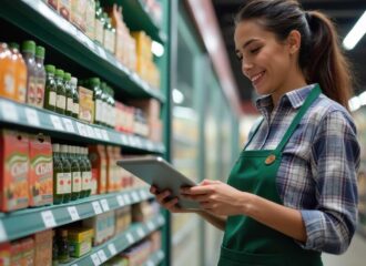 The young female staff member smiles as she uses a tablet to manage stock. She stands in front of shelves filled with various beverages in a convenience store