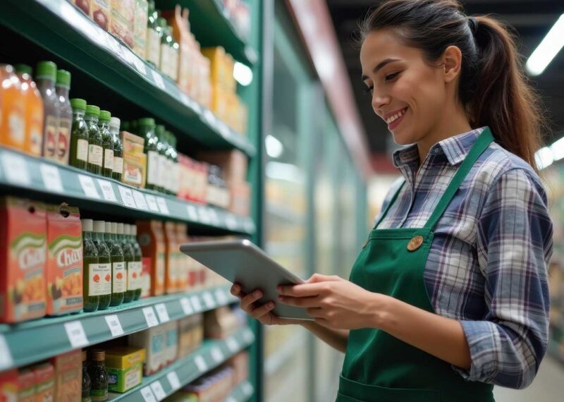The young female staff member smiles as she uses a tablet to manage stock. She stands in front of shelves filled with various beverages in a convenience store