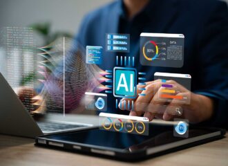 Business leader using a laptop and tablet with floating AI-powered dashboards, data analytics charts, and search interfaces displayed above the devices