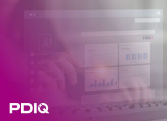 Person typing on a laptop with a translucent PDIQ dashboard overlay showing fuel demand and sales metrics beside an AI processor chip.