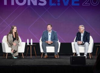 Linnea Geiss, COO of PDI Technologies, Rick Rigby, CTO of Atlantis Management Group, and Jeff Hassman, VP and GM of MyPDI, seated on stage during a panel discussion at Connections Live 2026