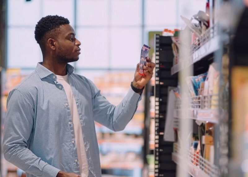 Shopper looking at a packaged product on a convenience store shelf, where electronic shelf labels keep pricing accurate