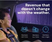 Smiling child in a car seat watches a car wash through the window. Text reads: Revenue that doesn't change with the weather. Members visit more. Members buy more. Members stay longer.