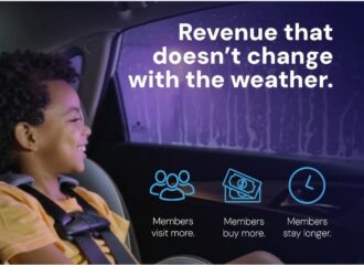 Smiling child in a car seat watches a car wash through the window. Text reads: Revenue that doesn't change with the weather. Members visit more. Members buy more. Members stay longer.